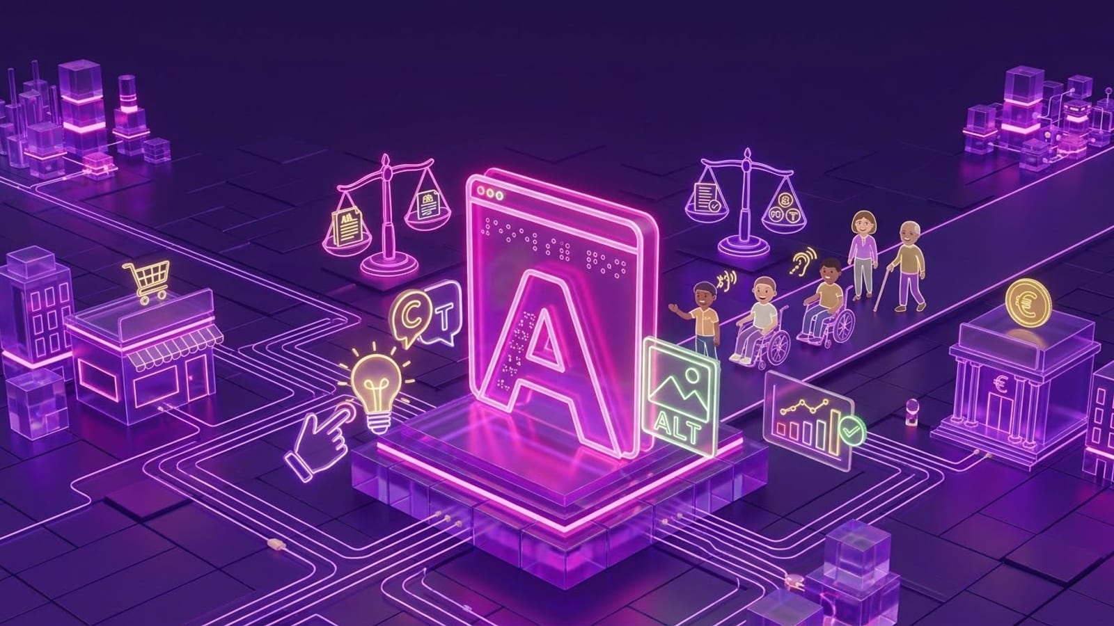 Neon-Illustration: Smartphone mit großem A, Brille und Alt-Text-Symbol zwischen Menschen, als Symbol für eine barrierefreie Website