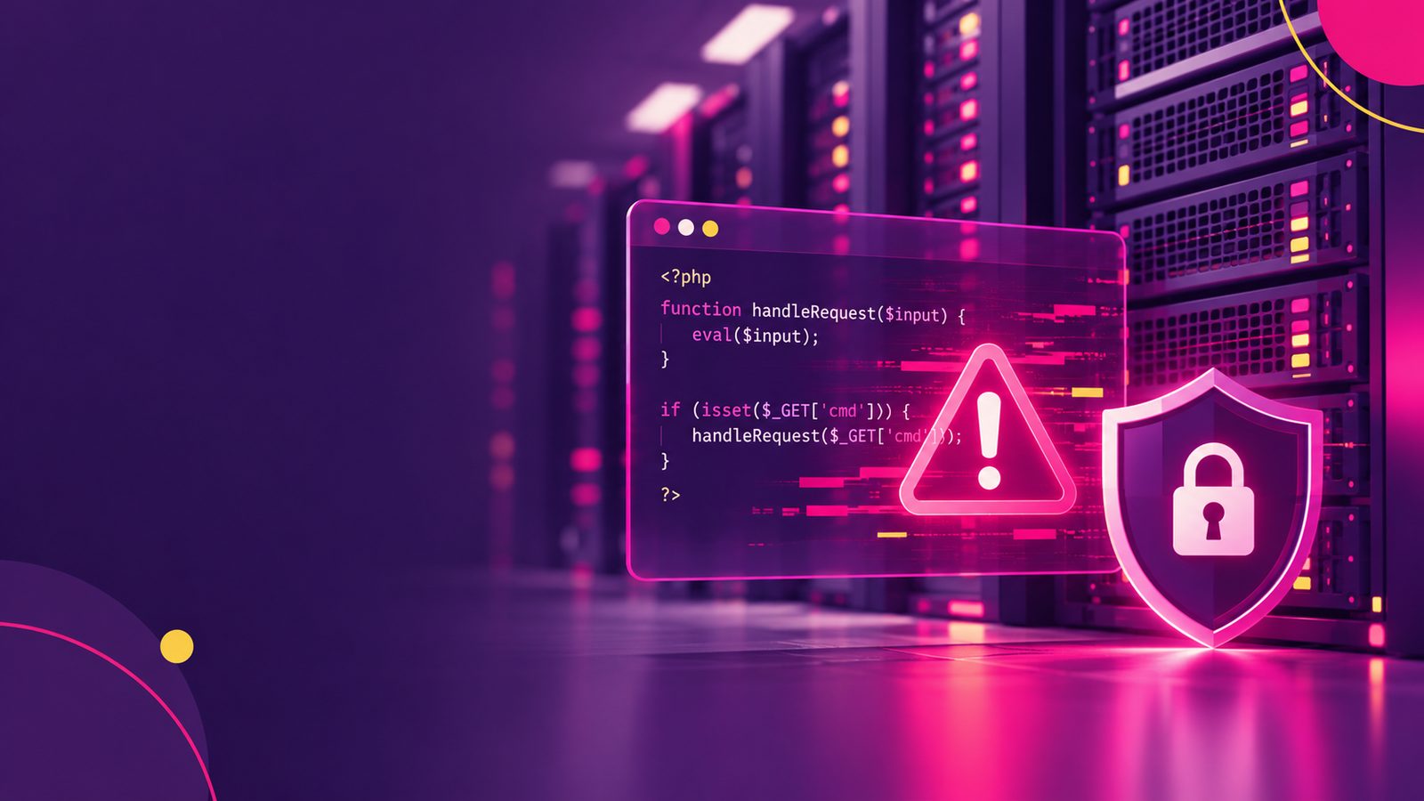Warnsymbol und Schutzschild vor Serverschränken mit PHP-Code