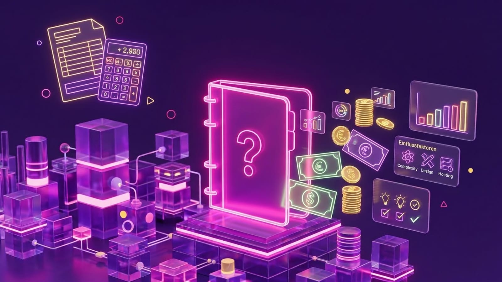 Neon-Illustration: Ordner mit Fragezeichen, Rechnung, Taschenrechner und Münzen als Symbol für die Kosten einer Website