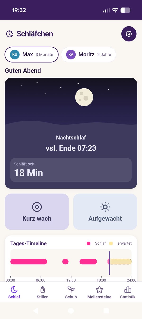 NAP-App, Startbildschirm: Nachtschlaf läuft mit Schlafdauer und Tages-Timeline