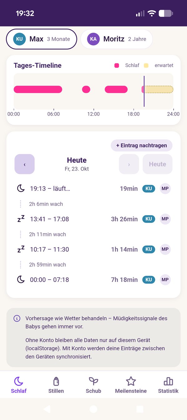 NAP-App: Tages-Timeline und Liste der Schlafphasen mit Wachzeiten